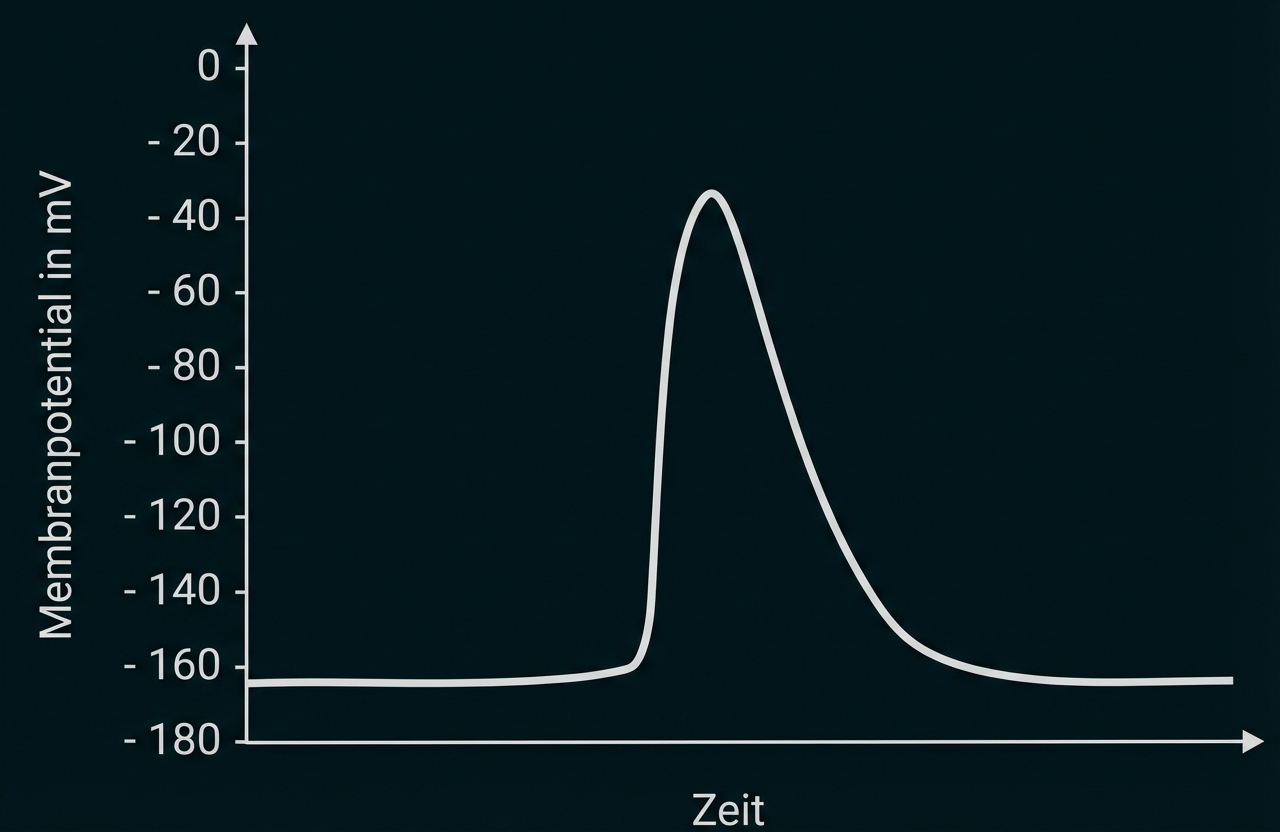 Diagramm: Membranpotential (mV) über Zeit mit einem einzelnen Aktionspotenzial-Spike